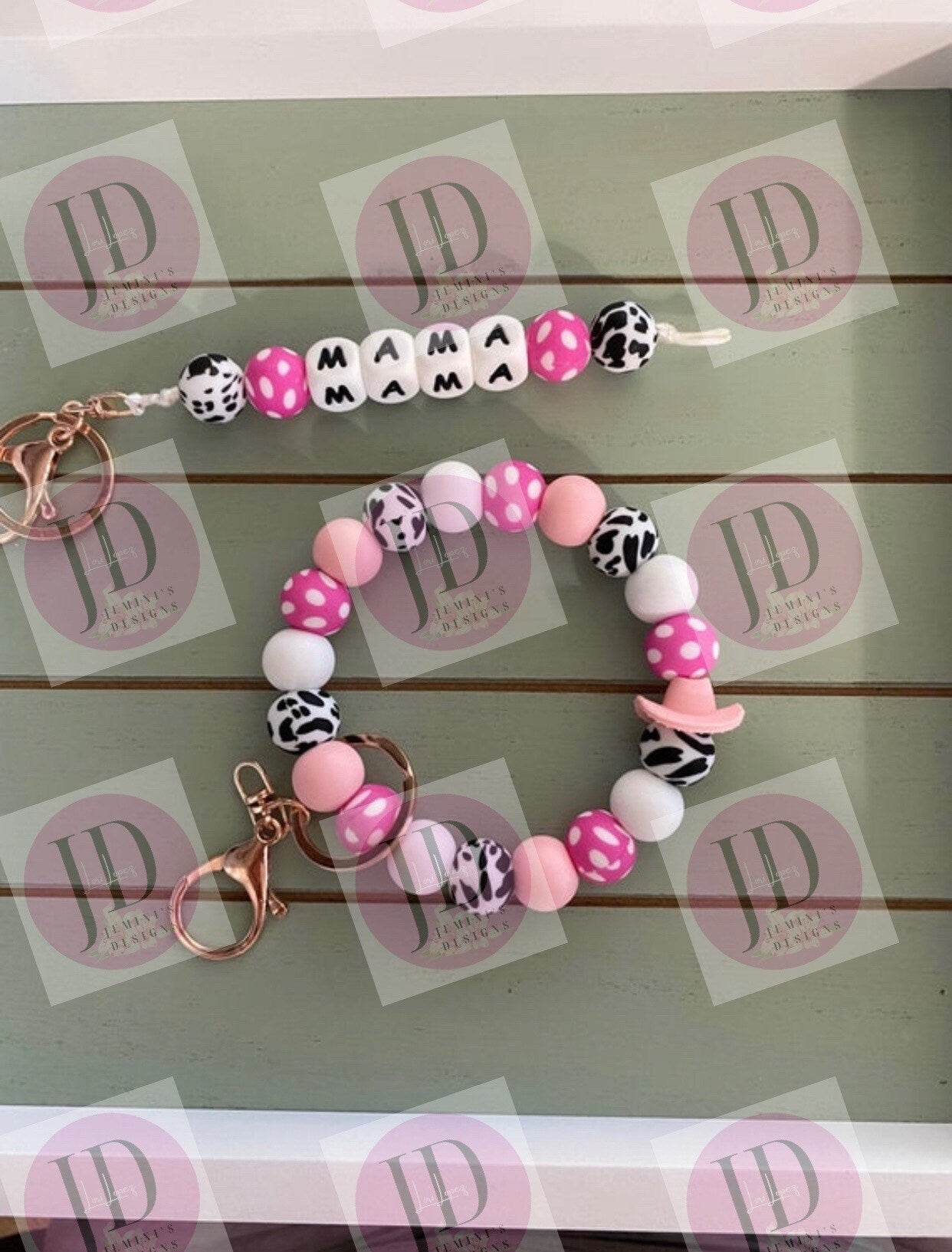Beaded Bangle pink cow print Keychain/ mama Keychain or both /beaded Bangle for her/pink wristlet/bangle pair
