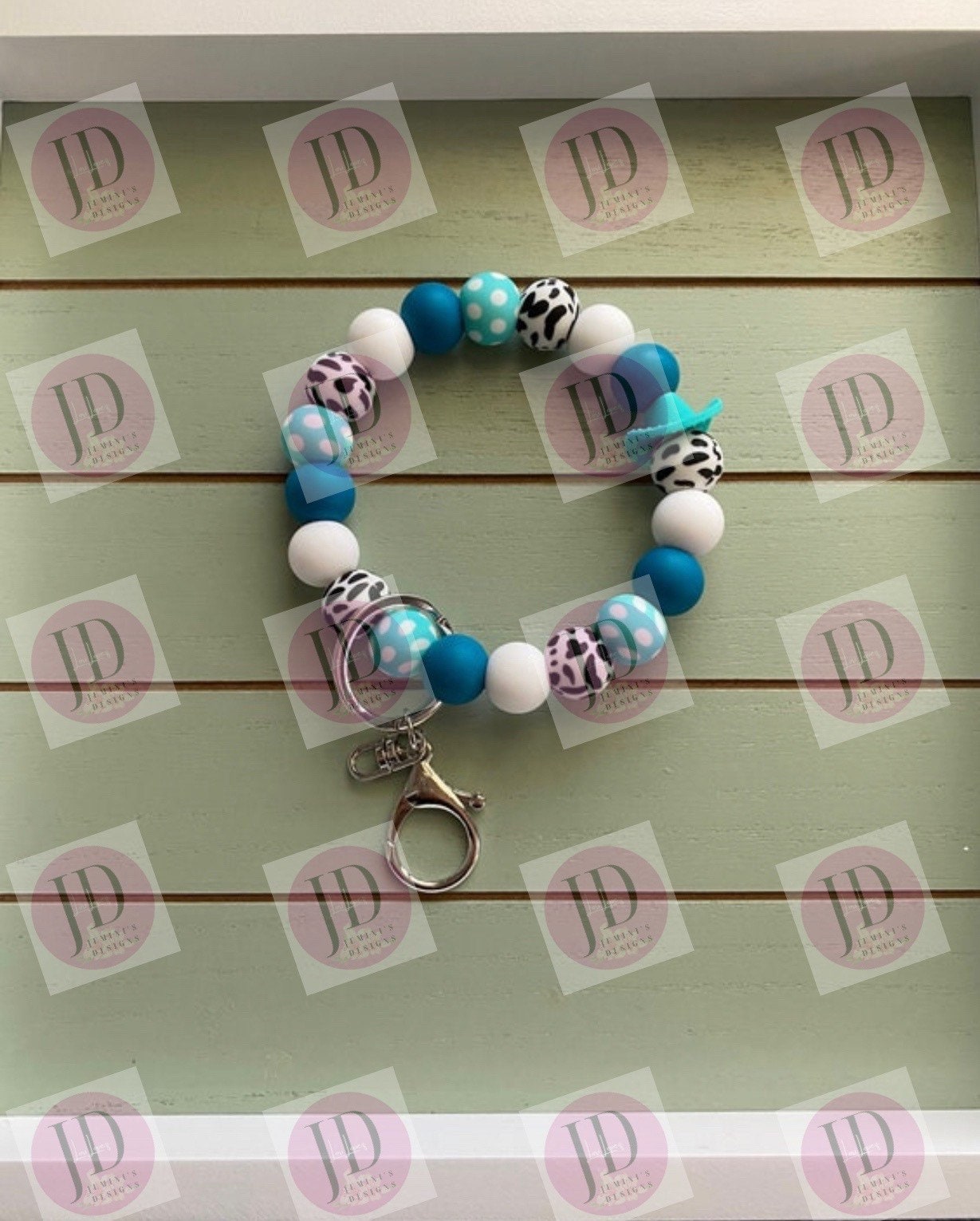 Ready to Ship Beaded Bangle Cowboy hat teal cow print Keychain/beaded Bangle for her/teal cowboy wristlet/bangle teal bracelet