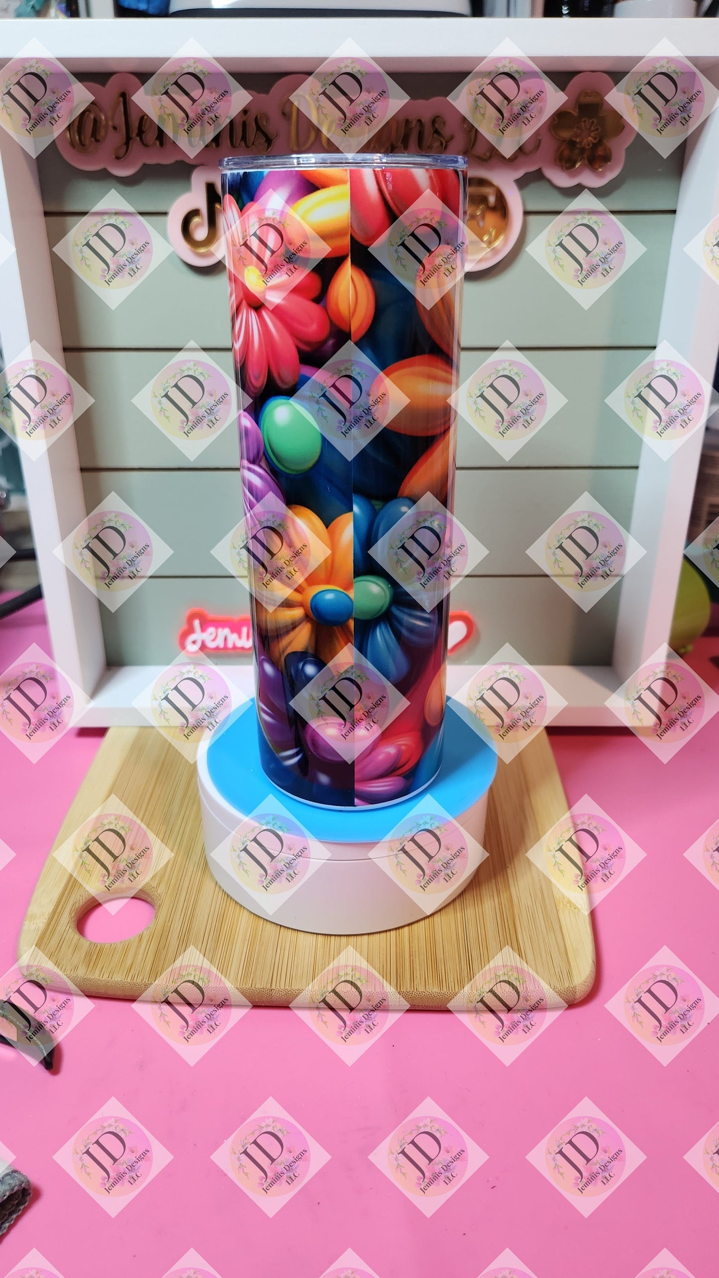 3D colorful puffy flowers 20oz skinny tumbler/ flower tumbler/bright flower tumbler, 20oz tumbler