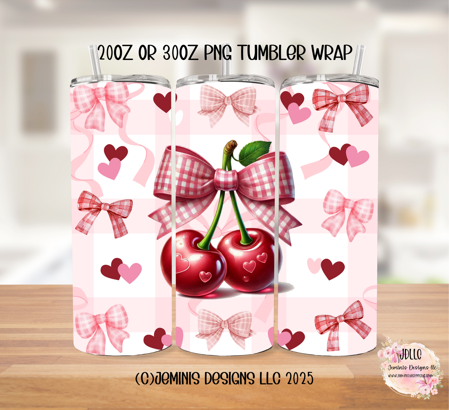 Coquette cherry & bows hearts vibrant colors and design fits 20 or 30 oz