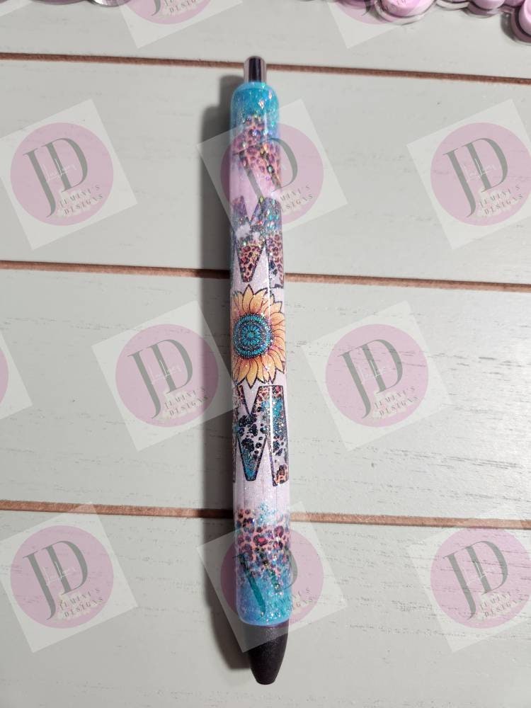 Sunflower leopard turquoise Mom Glitter pen, pen wrap with Lots of sparkle. Gorgeous glitter pen