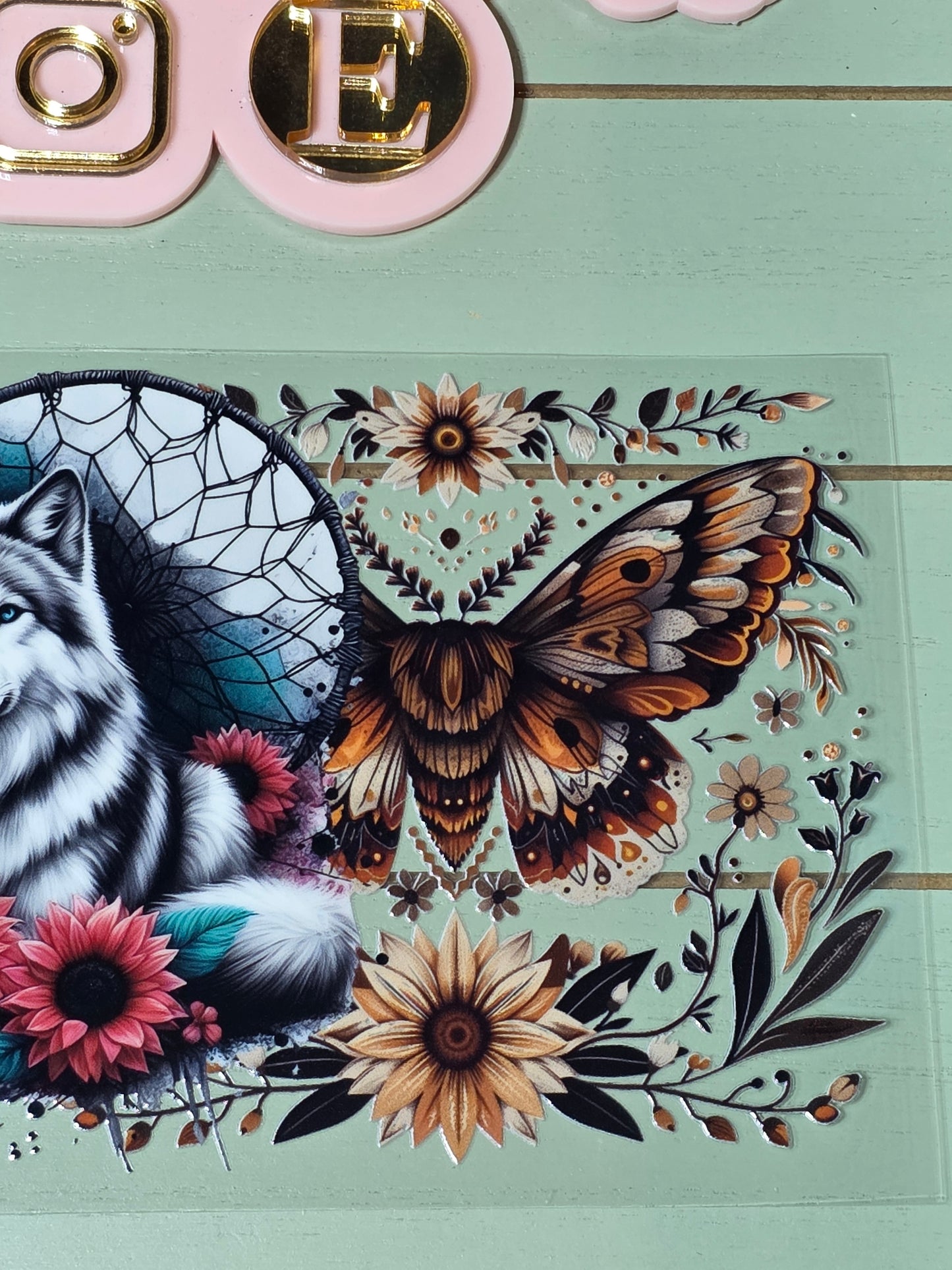 Wolf dream catcher moth floral sunflower uvdtf cup wrap sticker/ Permanent decal