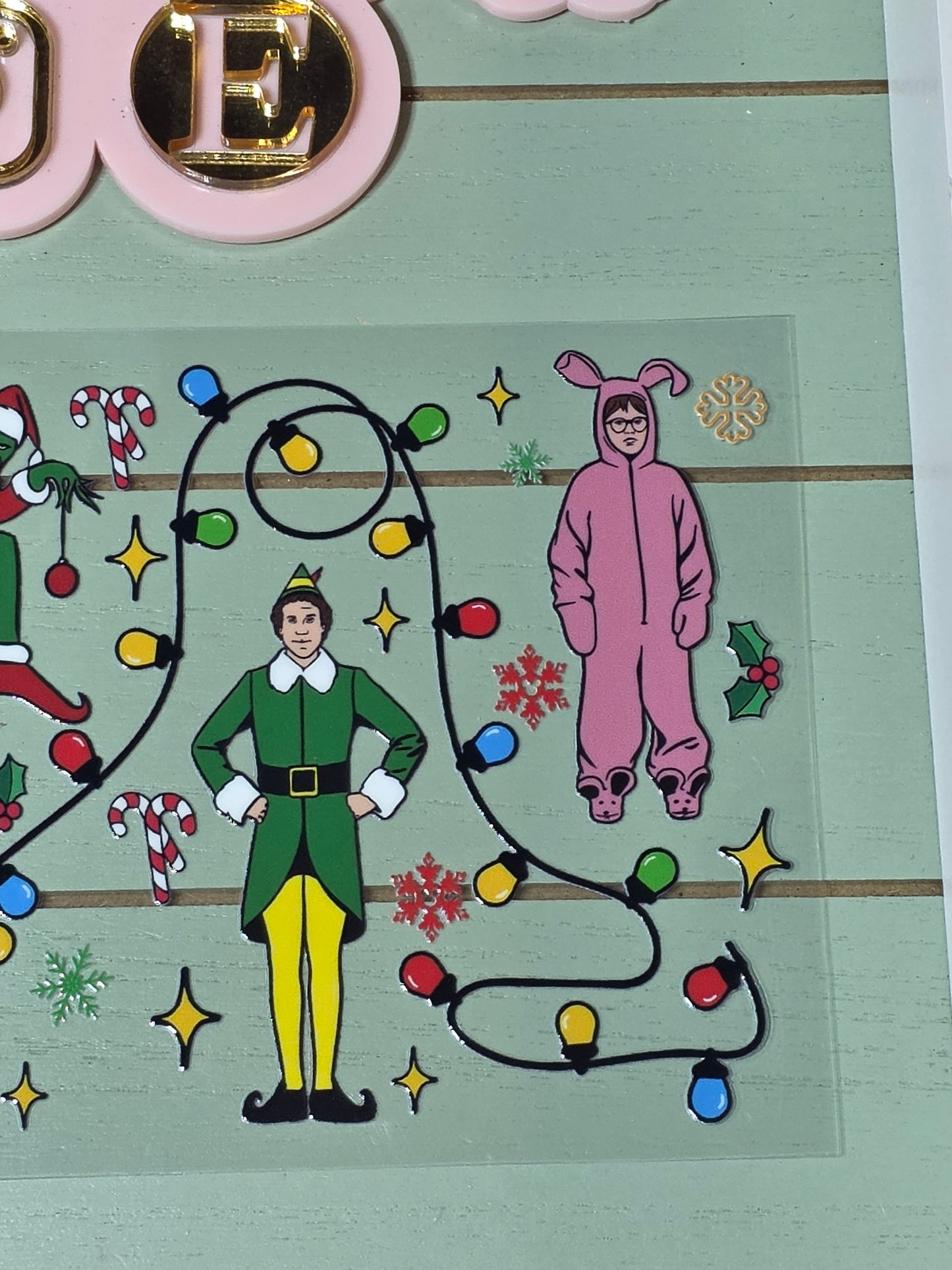 Clark, elf, mean one, alone at home Christmas lights cartoon cup wrap sticker