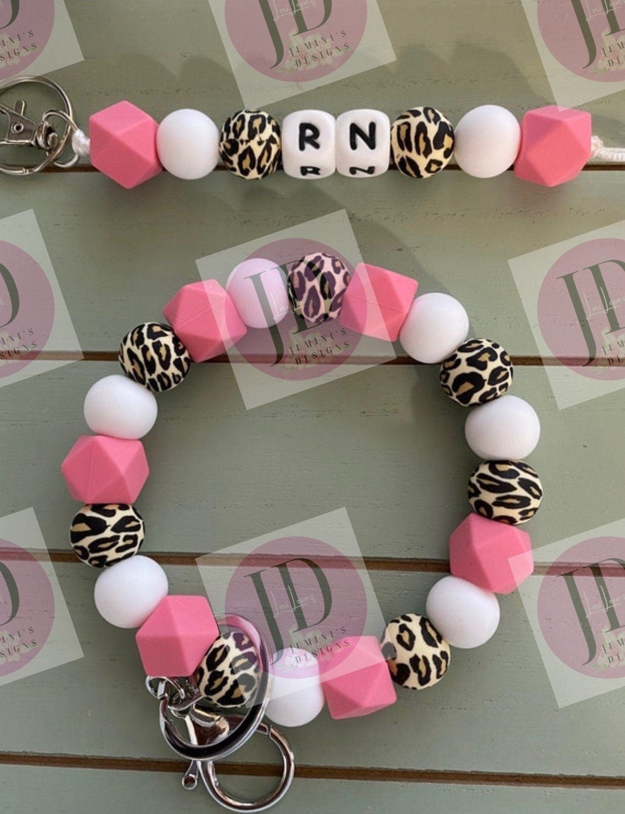 Beaded Bangle pink leopard print Keychain/ RN Keychain or both /beaded Bangle for her/pink wristlet/bangle pink leopard key