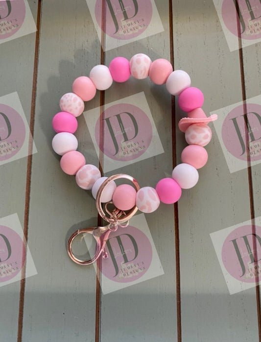 Ready to Ship Beaded Bangle Cowboy hat pink cow print Keychain/beaded Bangle for her/pink  cowboy wristlet/bangle wristlet bracelet