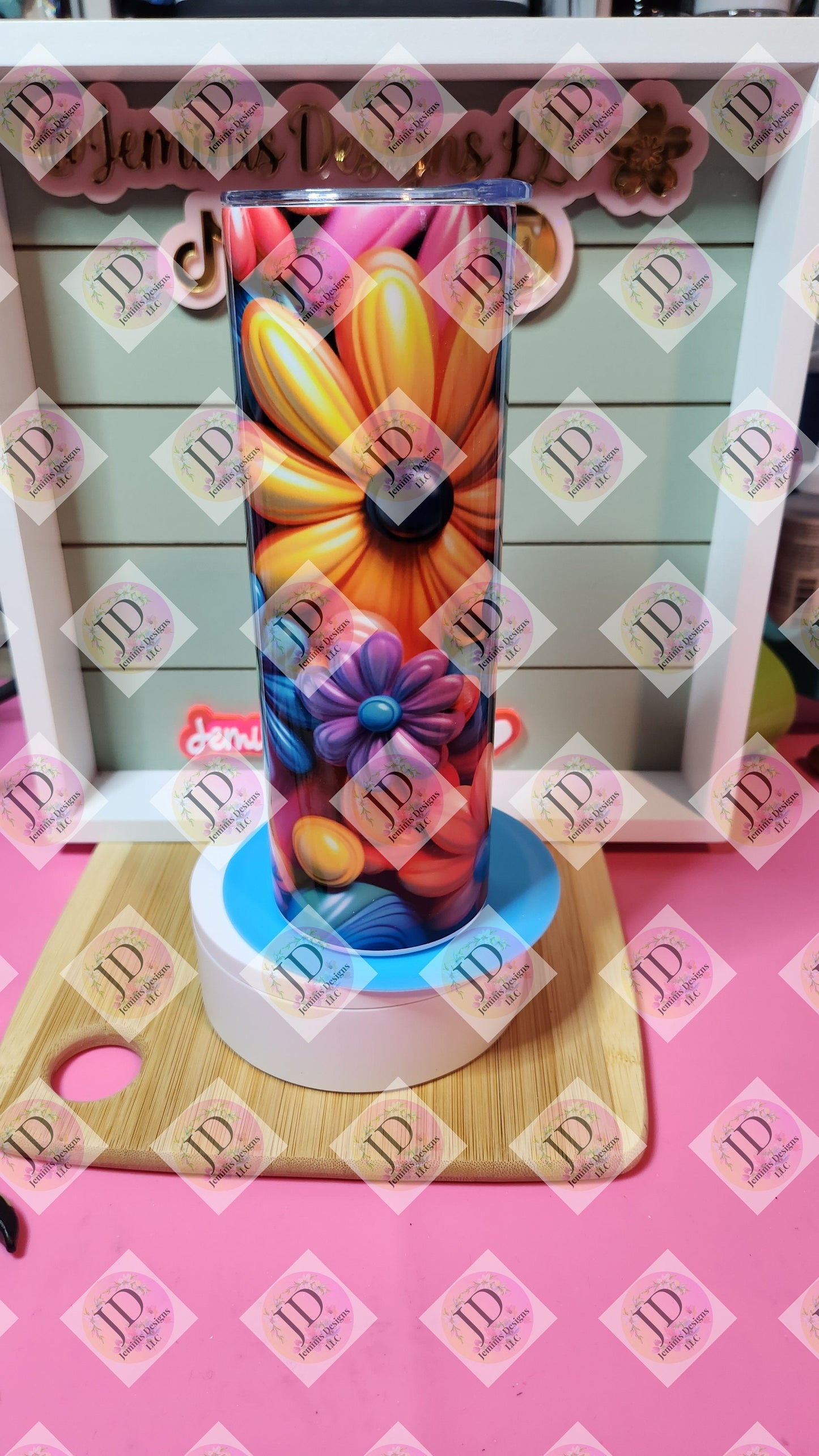 3D colorful puffy flowers 20oz skinny tumbler/ flower tumbler/bright flower tumbler,  20oz tumbler