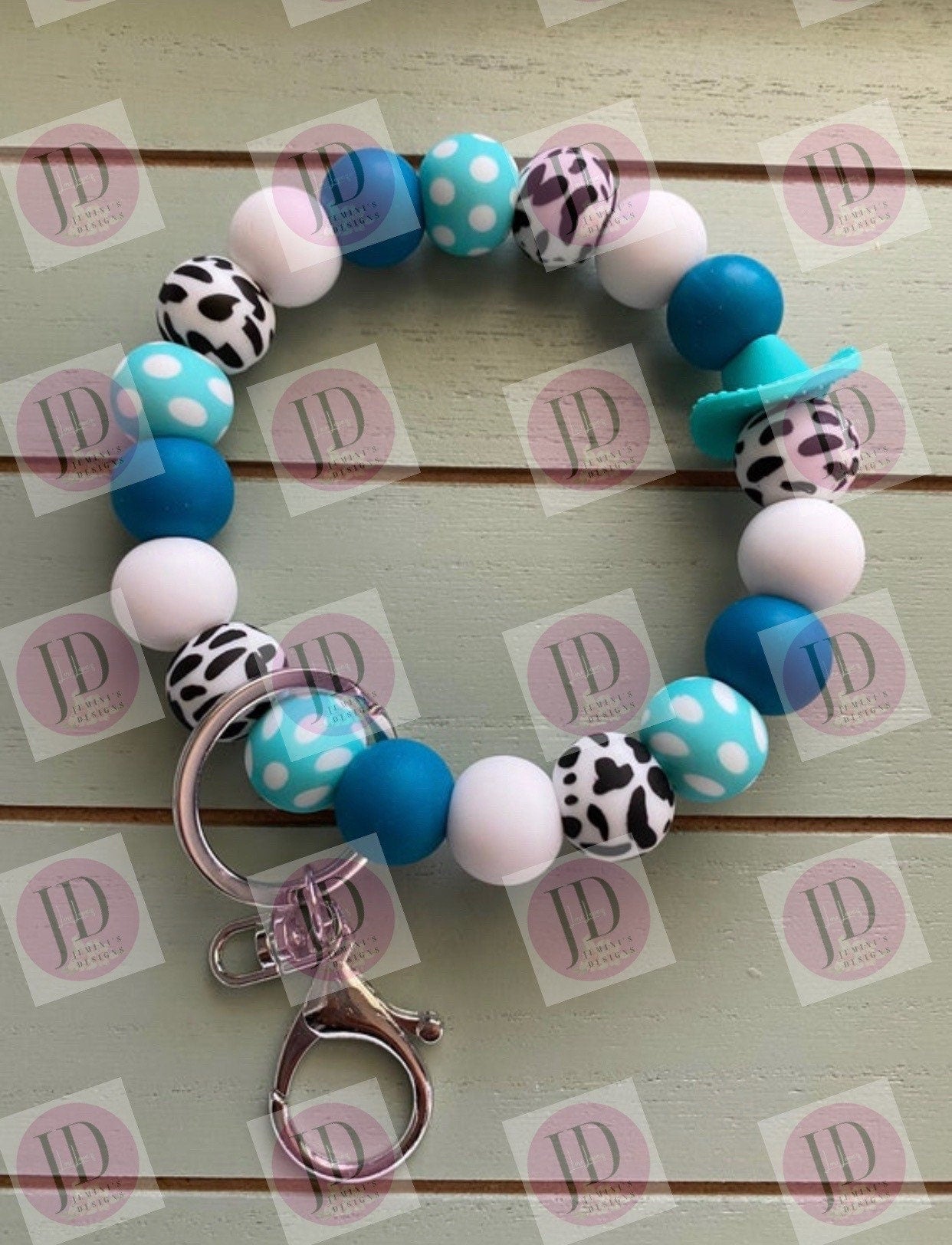Ready to Ship Beaded Bangle Cowboy hat teal cow print Keychain/beaded Bangle for her/teal cowboy wristlet/bangle teal bracelet