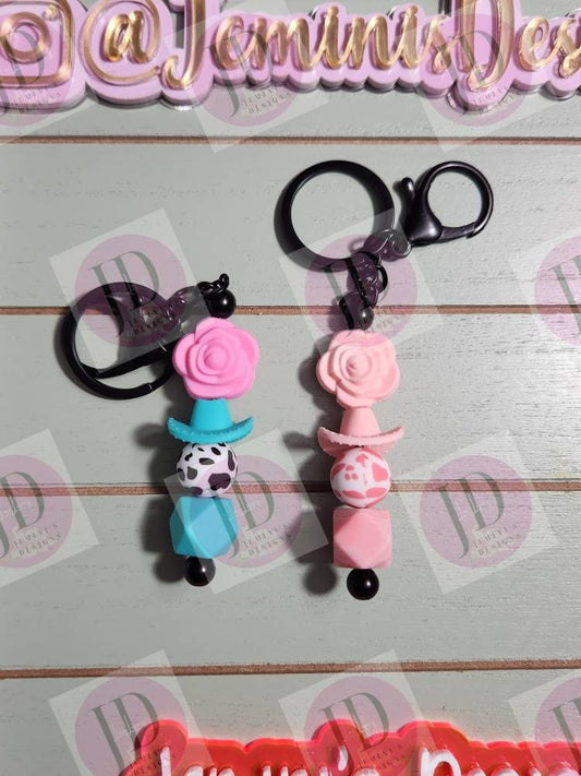 Adorable flower and cowboy hat beaded Keychain BAR/beaded mini Keychain BAR & flower/cowboy hat dangle Keychain