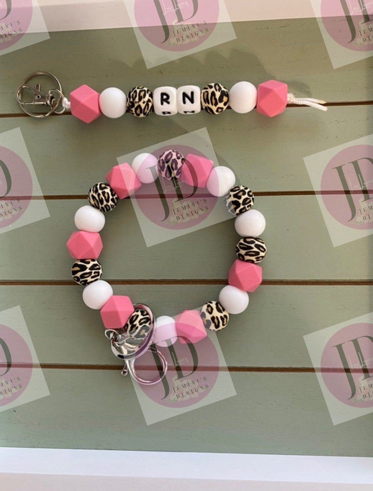 Beaded Bangle pink leopard print Keychain/ RN Keychain or both /beaded Bangle for her/pink wristlet/bangle pink leopard key