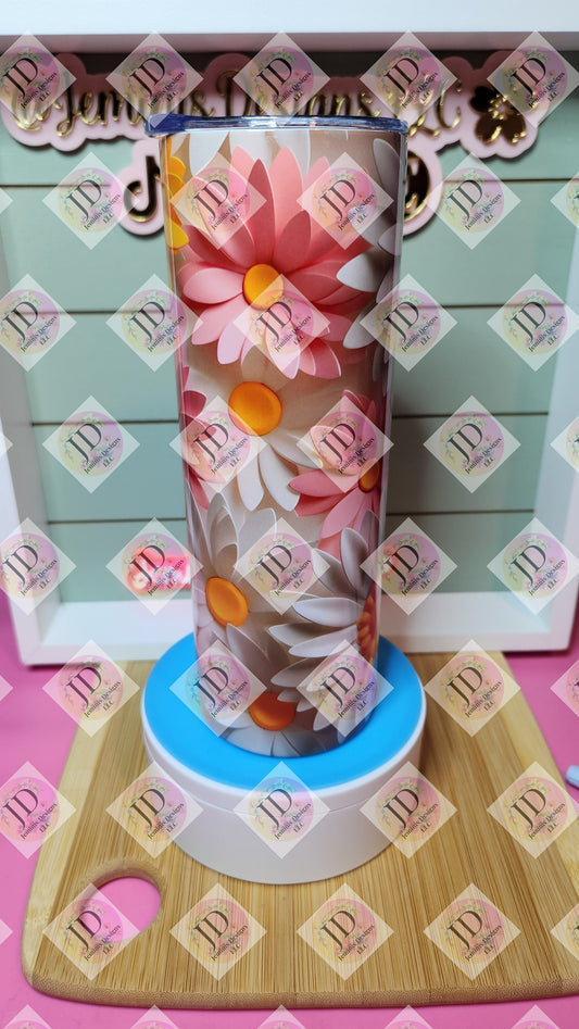 3D daisy white & pink 20oz skinny tumbler/ flower tumbler/pink and white daisy tumbler,  20oz tumbler