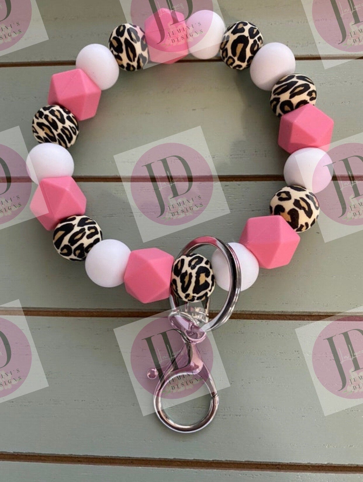 Beaded Bangle pink leopard print Keychain/ RN Keychain or both /beaded Bangle for her/pink wristlet/bangle pink leopard key
