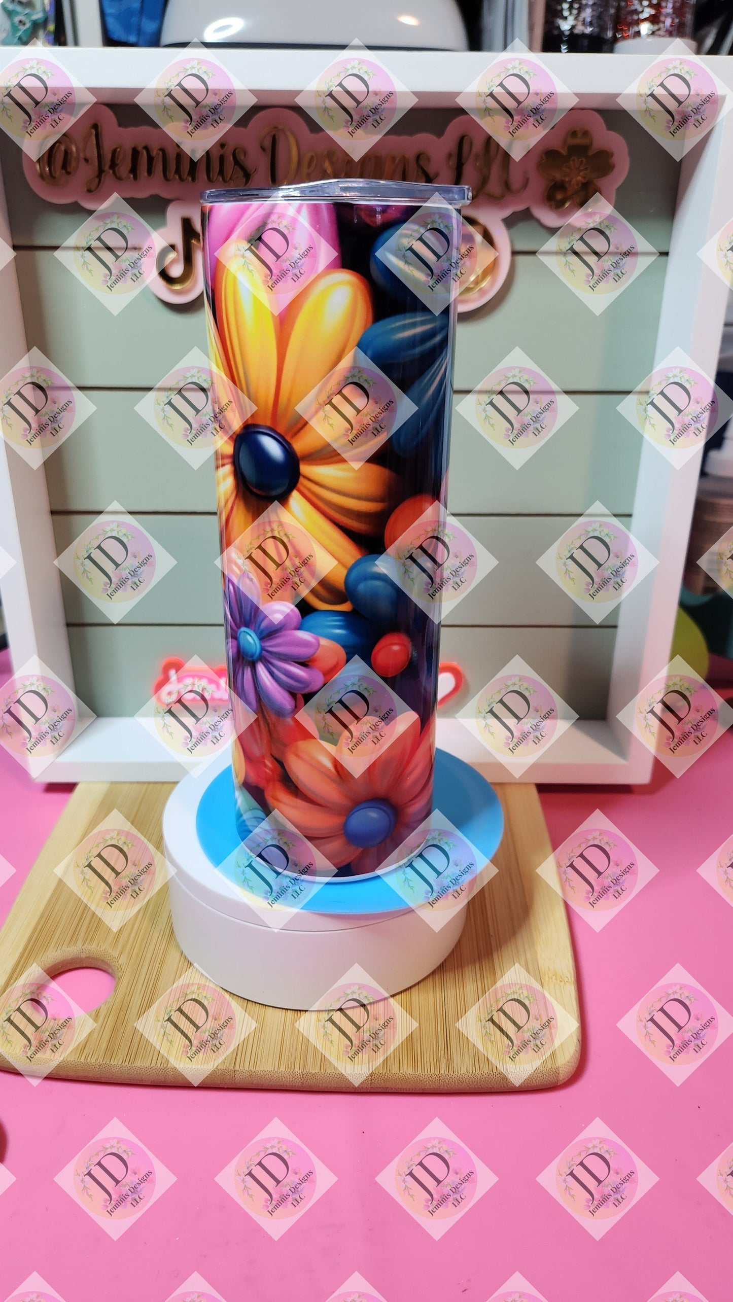 3D colorful puffy flowers 20oz skinny tumbler/ flower tumbler/bright flower tumbler,  20oz tumbler