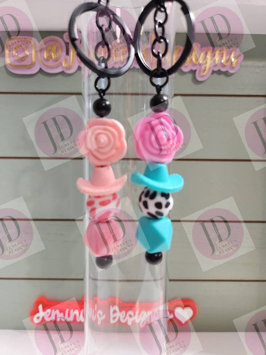 Adorable cowboy hat & flower beaded Keychain BAR/beaded mini Keychain BAR and flower/cowboy hat beaded dangle Keychain