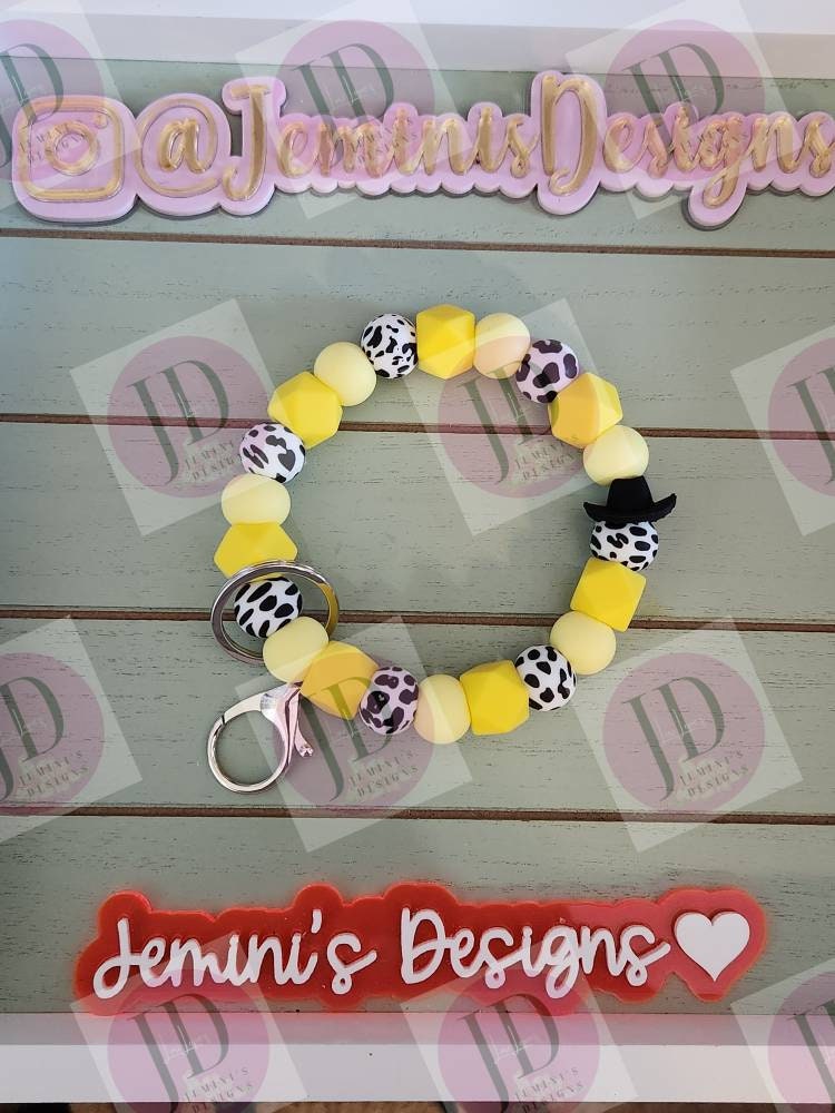 Ready to Ship Beaded Bangle Cowboy yellow cow print Keychain/beaded Bangle for her yellow cowboy wristlet/bangle