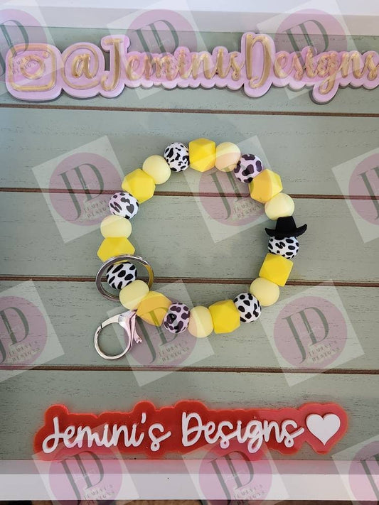 Ready to Ship Beaded Bangle Cowboy yellow cow print Keychain/beaded Bangle for her yellow cowboy wristlet/bangle