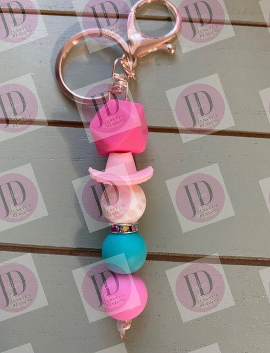 Ready to Ship Adorable Pink and teal cowboy hat beaded Keychain/beaded mini Keychain/pink & teal cowboy hat dangle Keychain