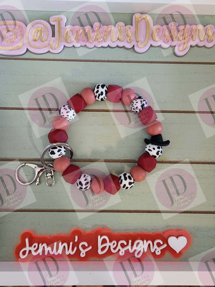 Beaded Bangle Cowboy maroon cow print Keychain/beaded Bangle for her maroon cowboy wristlet/bangle