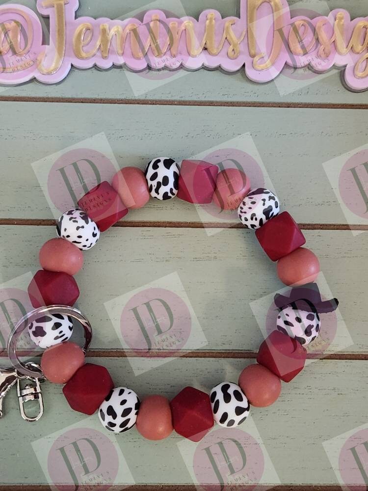 Beaded Bangle Cowboy maroon cow print Keychain/beaded Bangle for her maroon cowboy wristlet/bangle