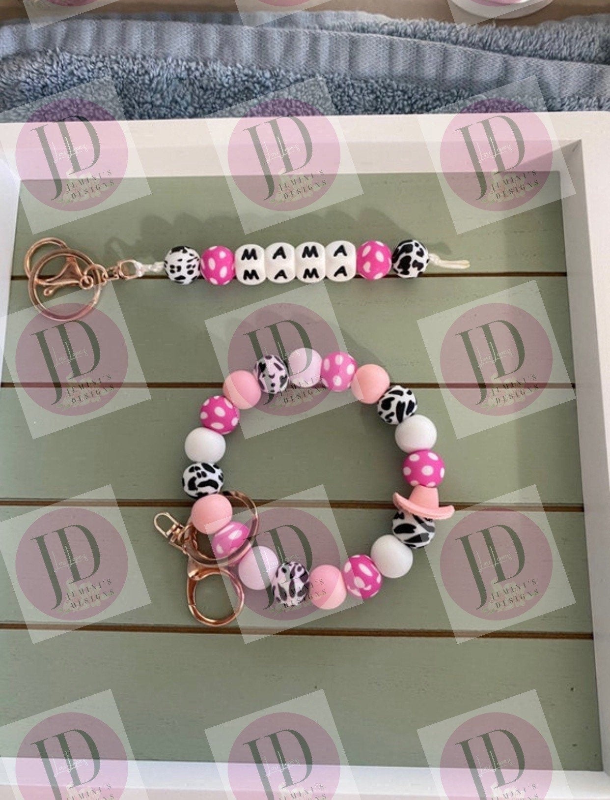 Beaded Bangle pink cow print Keychain/ mama Keychain or both /beaded Bangle for her/pink  wristlet/bangle pair