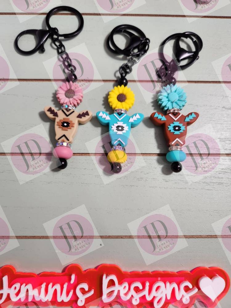 Adorable aztec cow sunfower beaded Keychain BAR/beaded mini Keychain BAR & flower/aztec cow dangle Keychain bar
