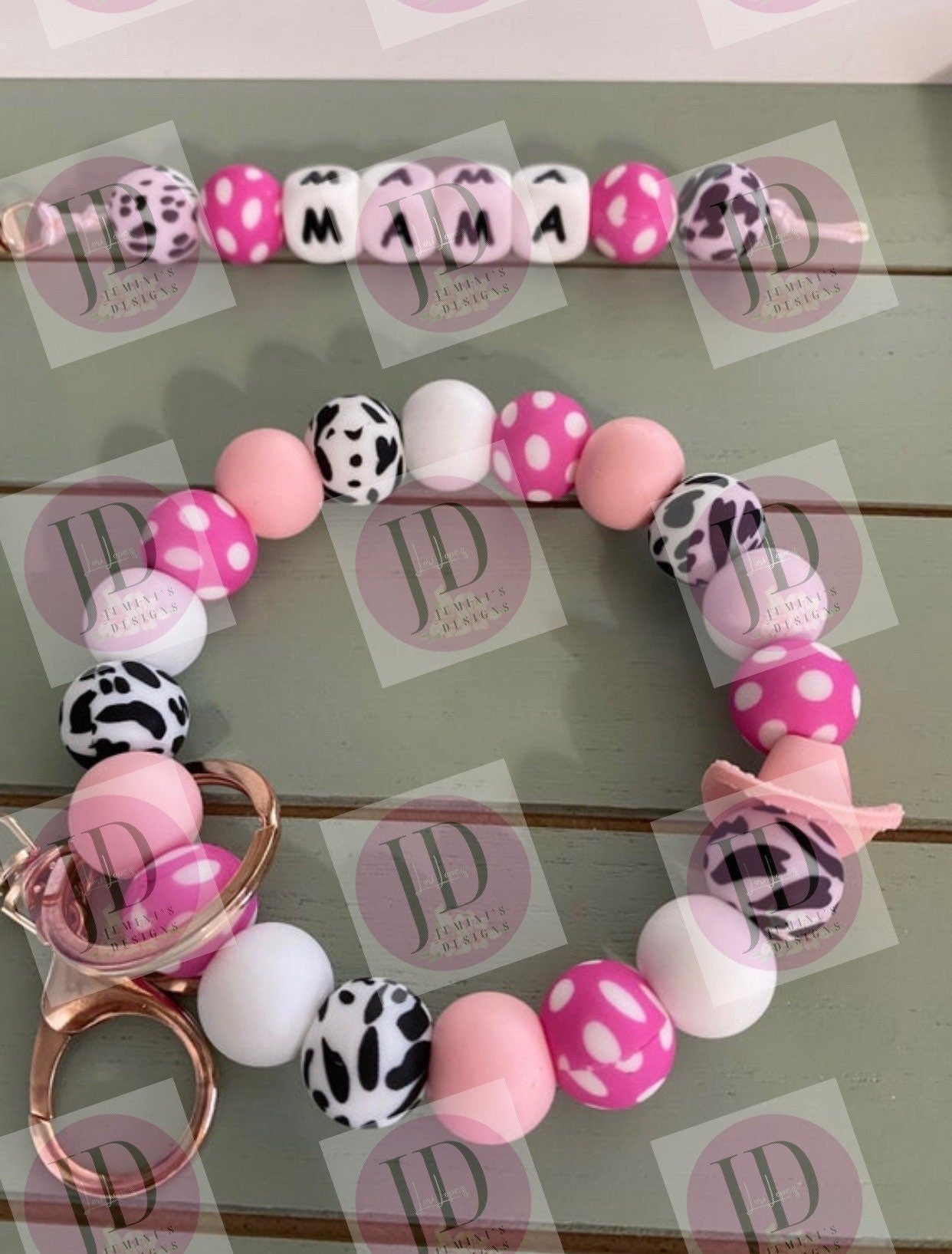 Beaded Bangle pink cow print Keychain/ mama Keychain or both /beaded Bangle for her/pink  wristlet/bangle pair