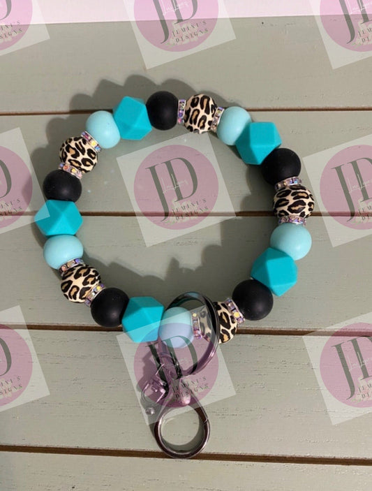 Ready to Ship Beaded Bangle black/teal leopard /Keychain/beaded Bangle for her/teal/black Keychain/beaded leopard bangle bracelet wristlet
