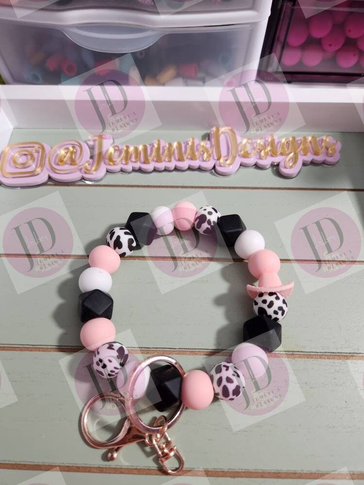 Beaded Bangle Cowboy hat pink & black cow print Keychain/beaded Bangle for her/pink and black cowboy wristlet/bangle cow wristlet bracelet