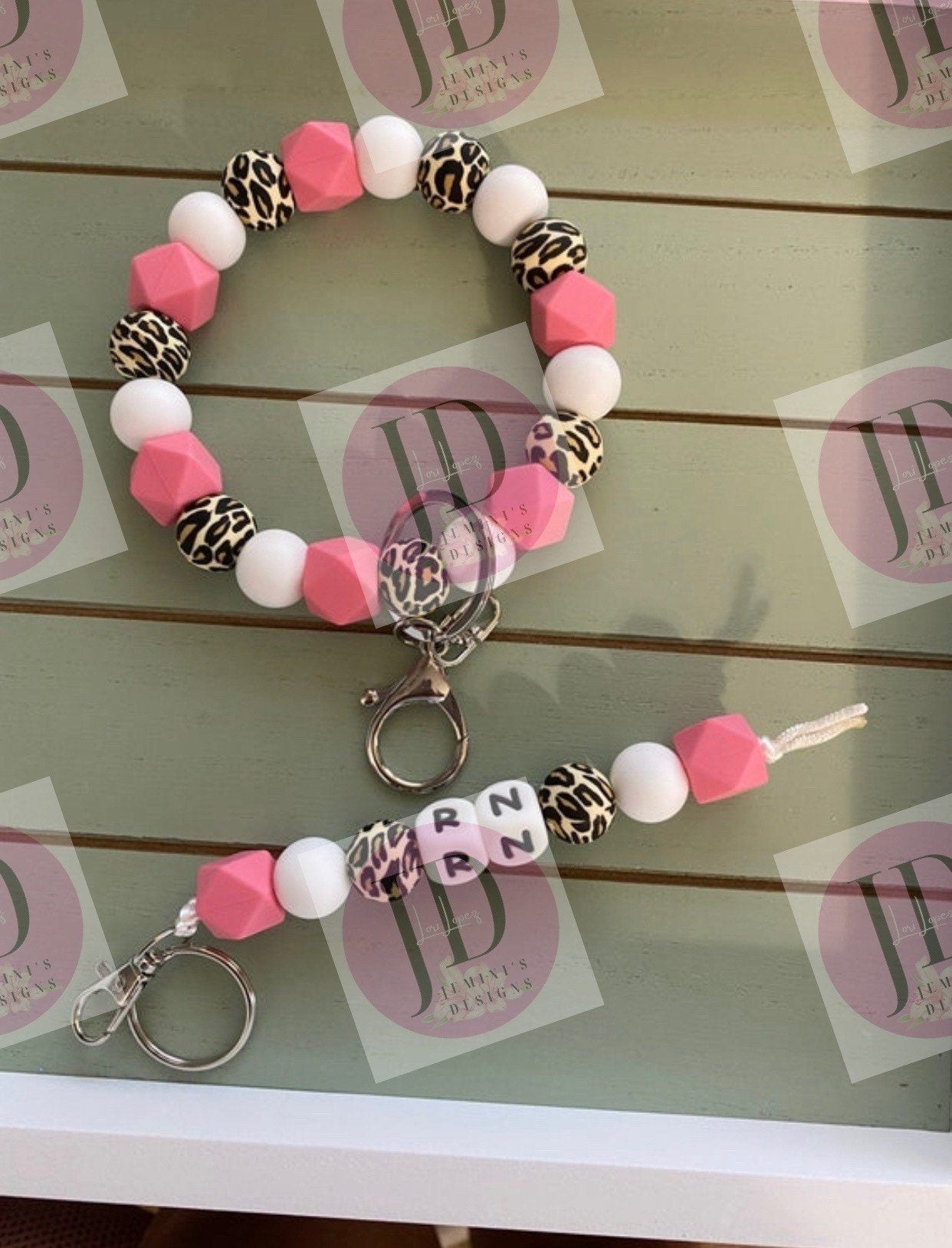 Beaded Bangle pink leopard print Keychain/ RN Keychain or both /beaded Bangle for her/pink wristlet/bangle pink leopard key