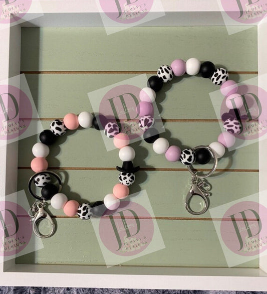 Ready to Ship Beaded Bangle Cowboy hat lavender or pink cow print Keychain/beaded Bangle for her/pink or lavender cowboy wristlet