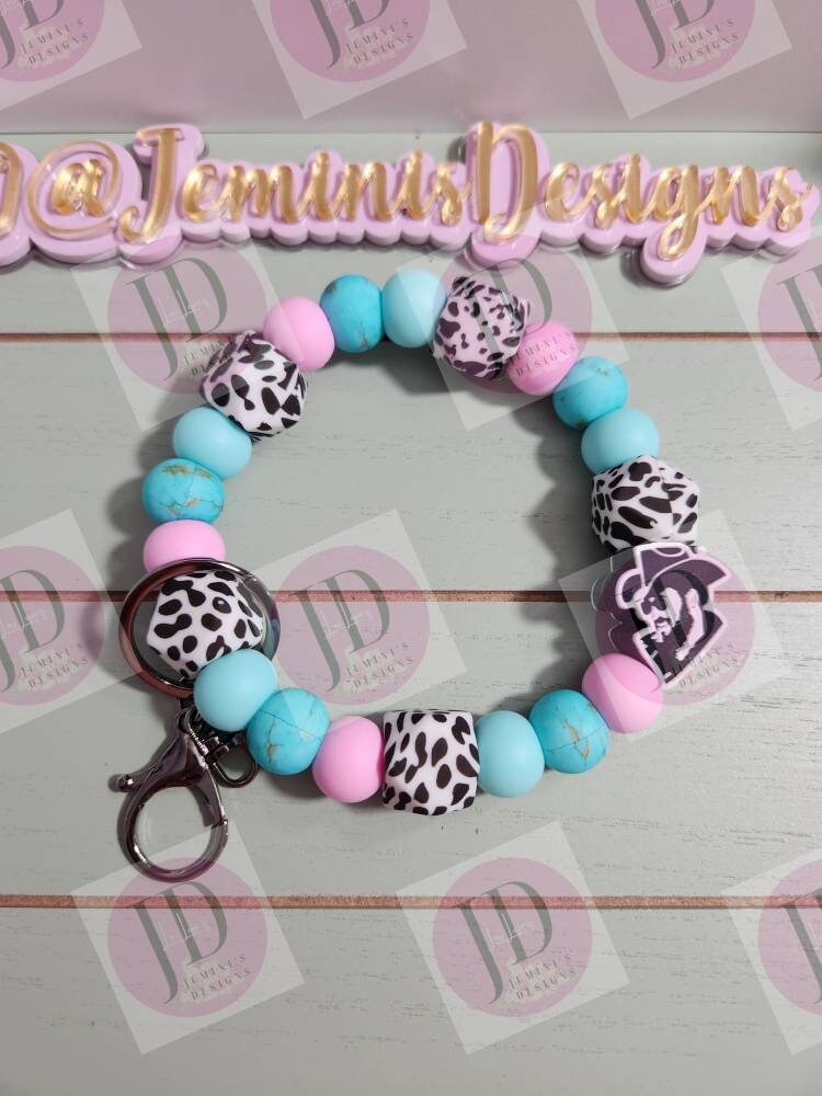 Ready to Ship Beaded Bangle Cowboy pi k/turquoise Keychain/beaded Bangle for her/cowboy wristlet Bangle bracelet