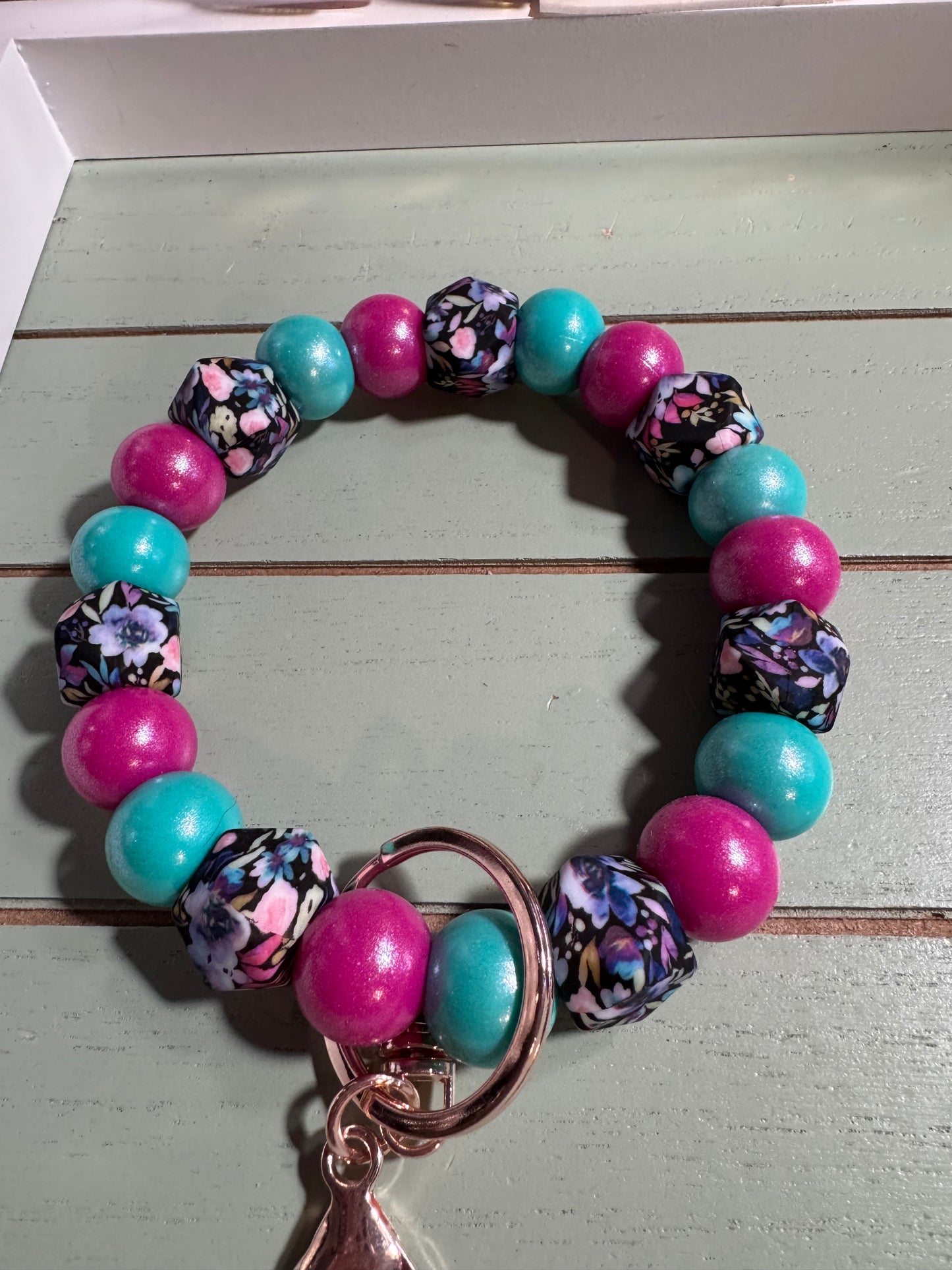 Floral beaded wristlet keychain /blues and pinks