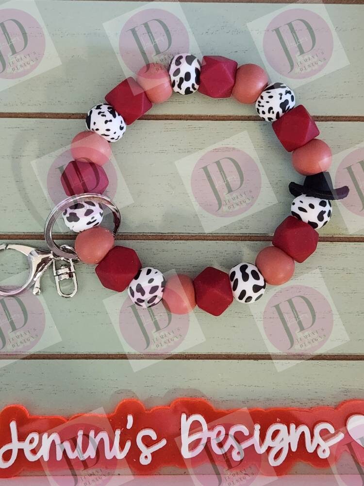 Beaded Bangle Cowboy maroon cow print Keychain/beaded Bangle for her maroon cowboy wristlet/bangle