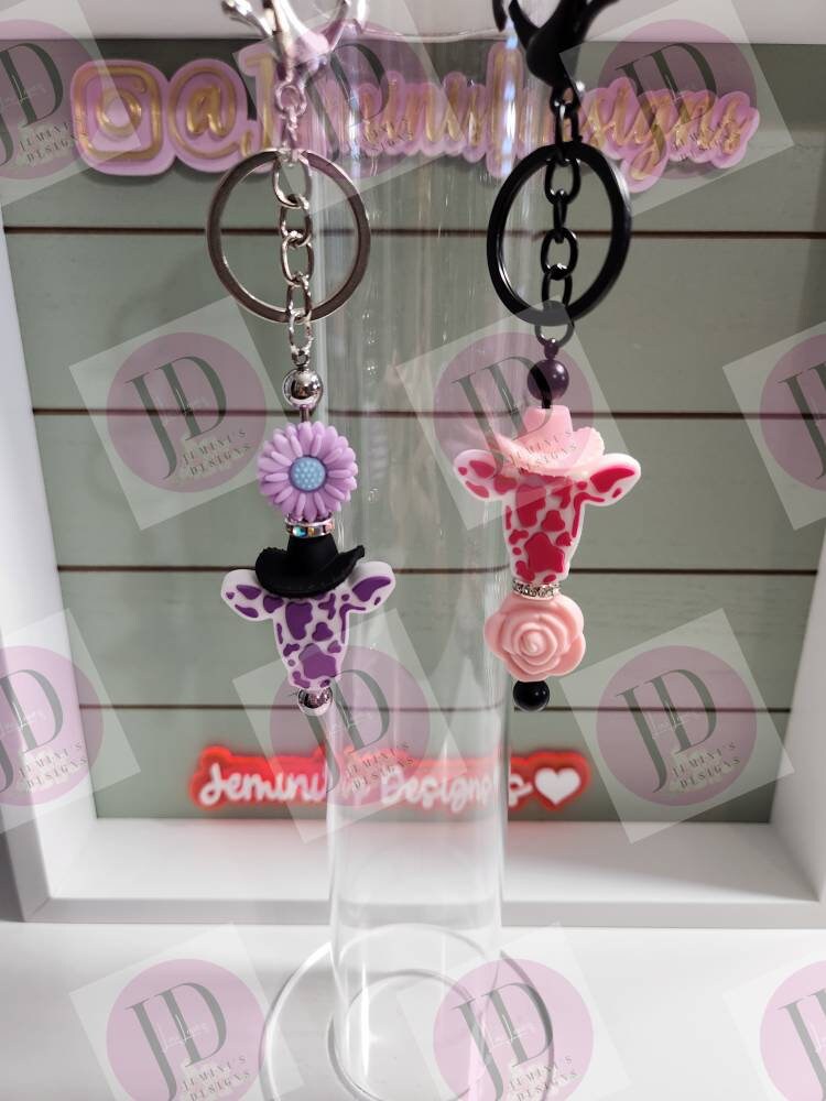 Adorable cow head and flower beaded Keychain BAR/beaded mini Keychain BAR & flower/cowboy head dangle Keychain
