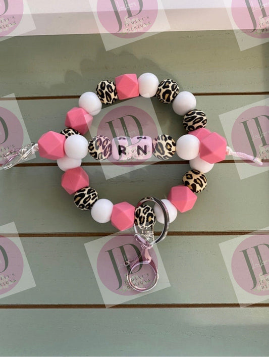 Beaded Bangle pink leopard print Keychain/ RN Keychain or both /beaded Bangle for her/pink wristlet/bangle pink leopard key