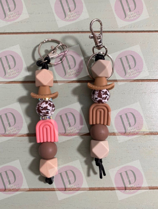 Ready to Ship Adorable Brown or coral cowboy hat beaded Keychain/beaded mini Keychain/coral or brown cowboy hat dangle Keychain