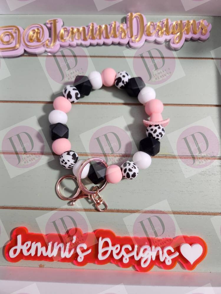 Beaded Bangle Cowboy hat pink & black cow print Keychain/beaded Bangle for her/pink and black cowboy wristlet/bangle cow wristlet bracelet