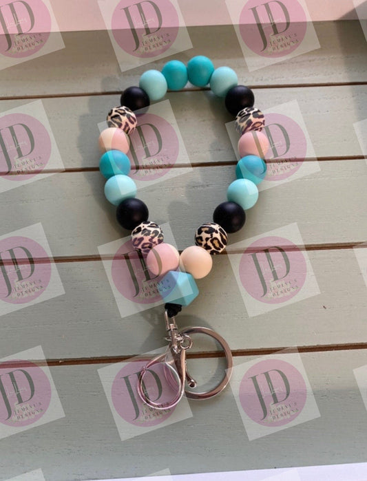 Beaded Bangle drop leopard print teal Keychain/beaded Bangle for her/teal leopard wristlet/bangle teal bracelet
