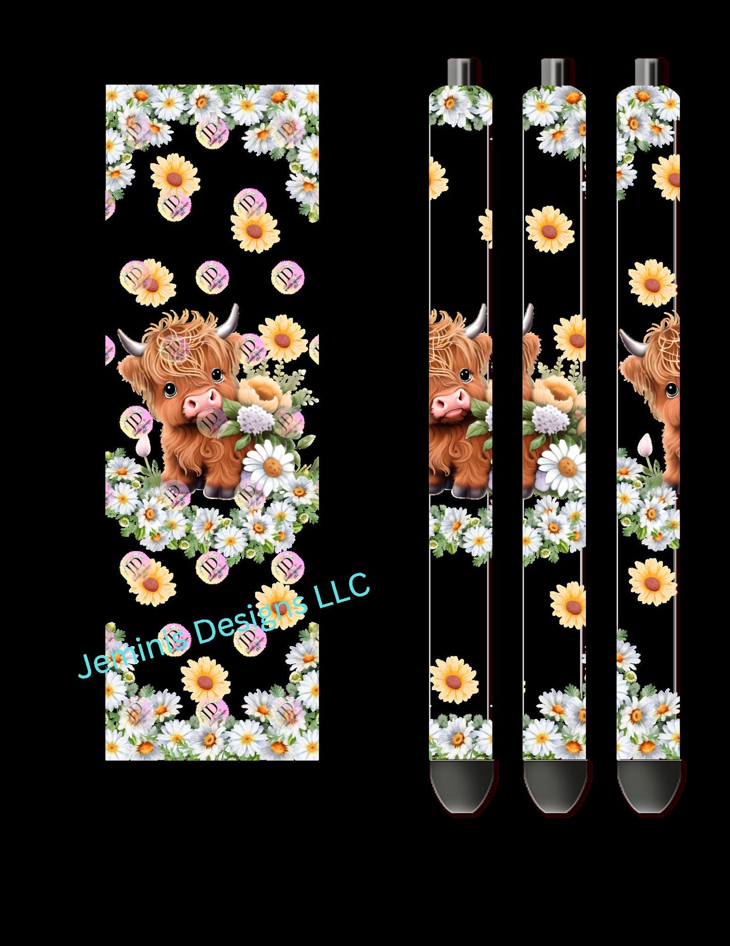 Baby Highland daisy pen wrap [PNG] Digital File| cow png| highland cow print pen wrap |daisy png|Baby highland cow png| Transparent Backgrnd