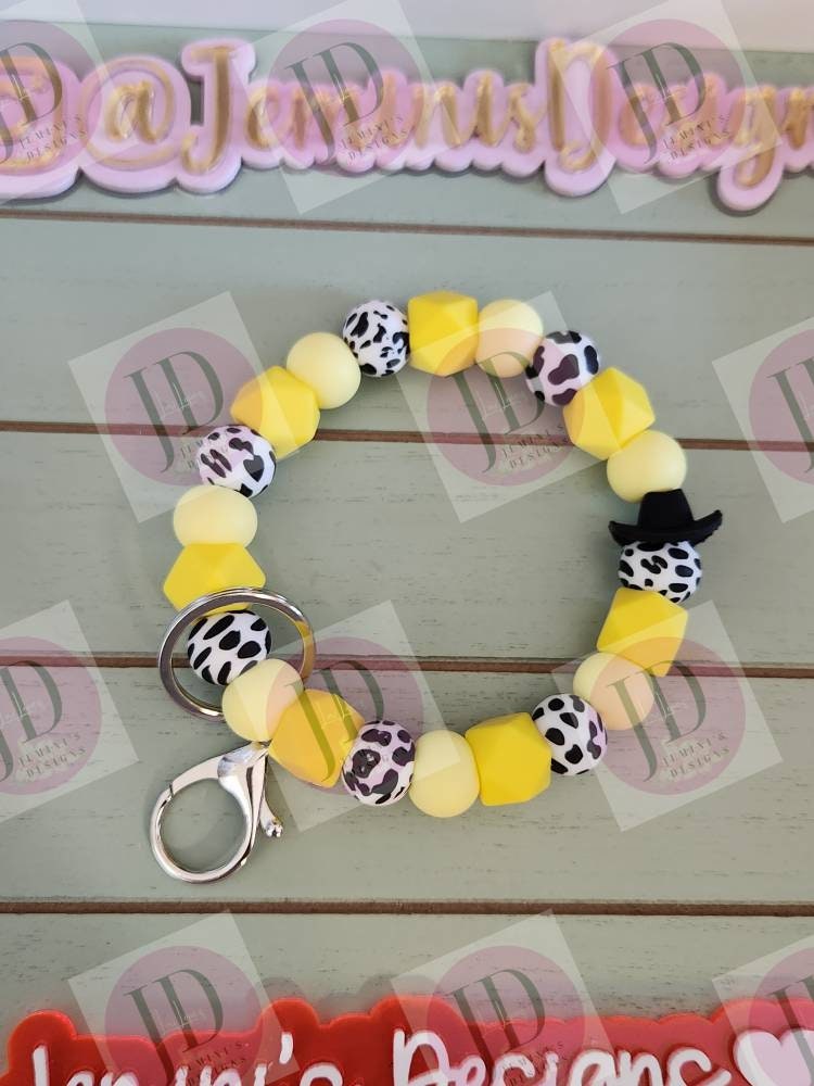 Ready to Ship Beaded Bangle Cowboy yellow cow print Keychain/beaded Bangle for her yellow cowboy wristlet/bangle