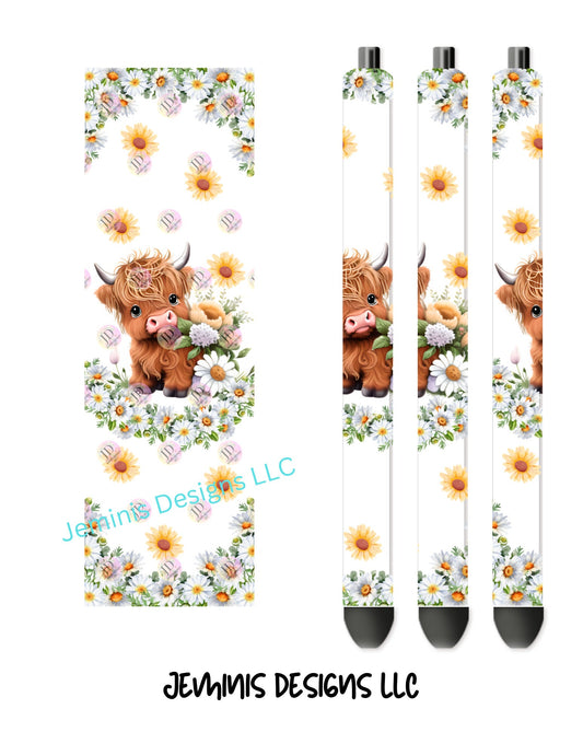 Baby Highland daisy pen wrap [PNG] Digital File| cow png| highland cow print pen wrap |daisy png|Baby highland cow png| Transparent Backgrnd
