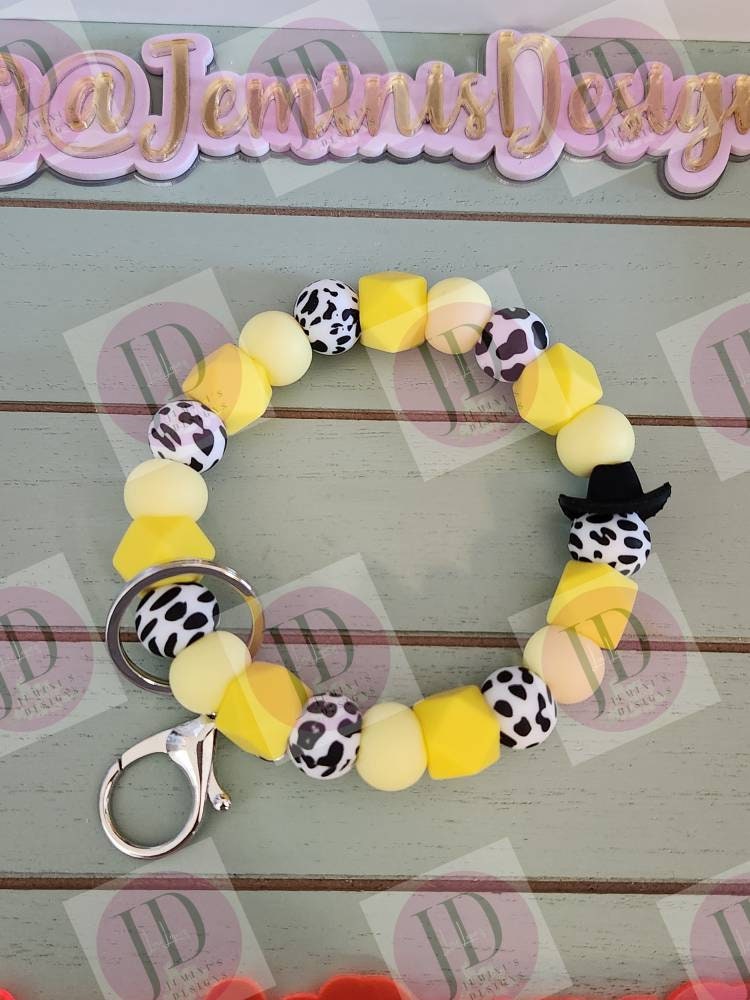 Ready to Ship Beaded Bangle Cowboy yellow cow print Keychain/beaded Bangle for her yellow cowboy wristlet/bangle