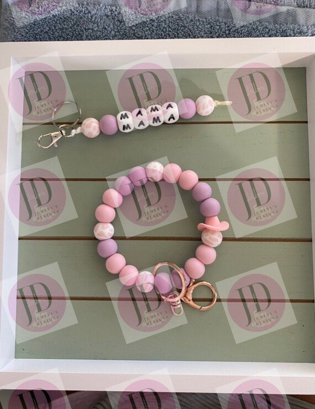Ready to Ship Beaded Bangle lavender cow  print Keychain/ mama Keychain or both /beaded Bangle for her/lavender  wristlet/bangle pair