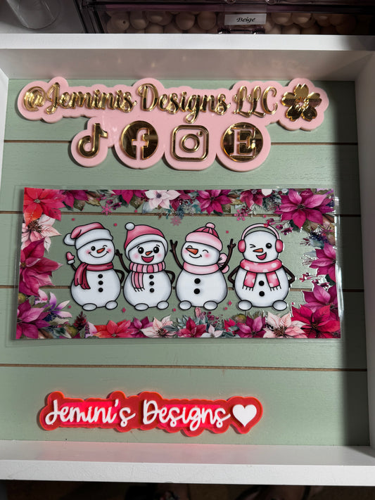 pink snowman uvdtf cup wrap.  Pink Christmas wrap with poinsettias