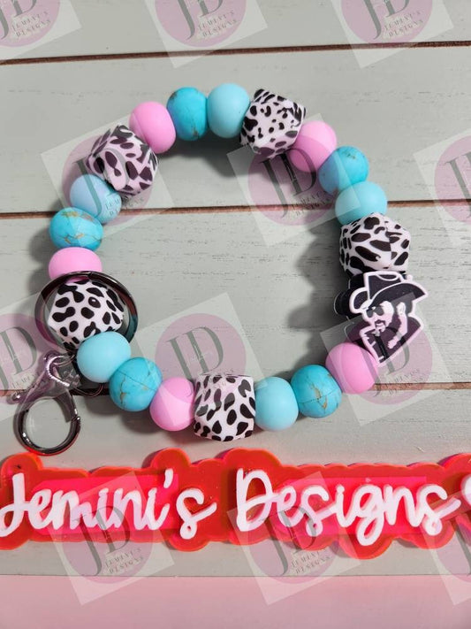 Ready to Ship Beaded Bangle Cowboy pi k/turquoise Keychain/beaded Bangle for her/cowboy wristlet Bangle bracelet