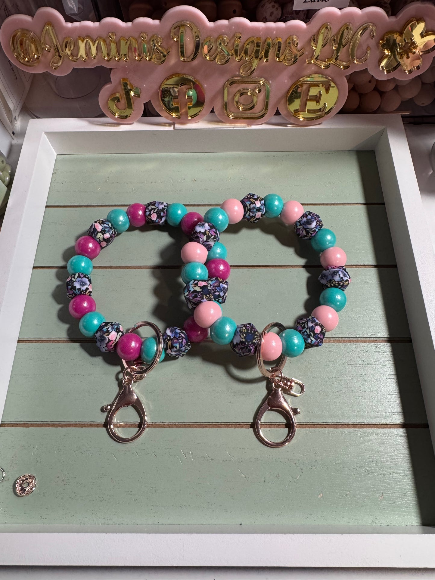 Floral beaded wristlet keychain /blues and pinks