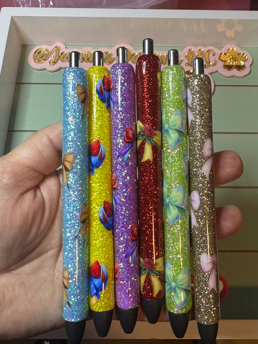 Glitter princess bow pens