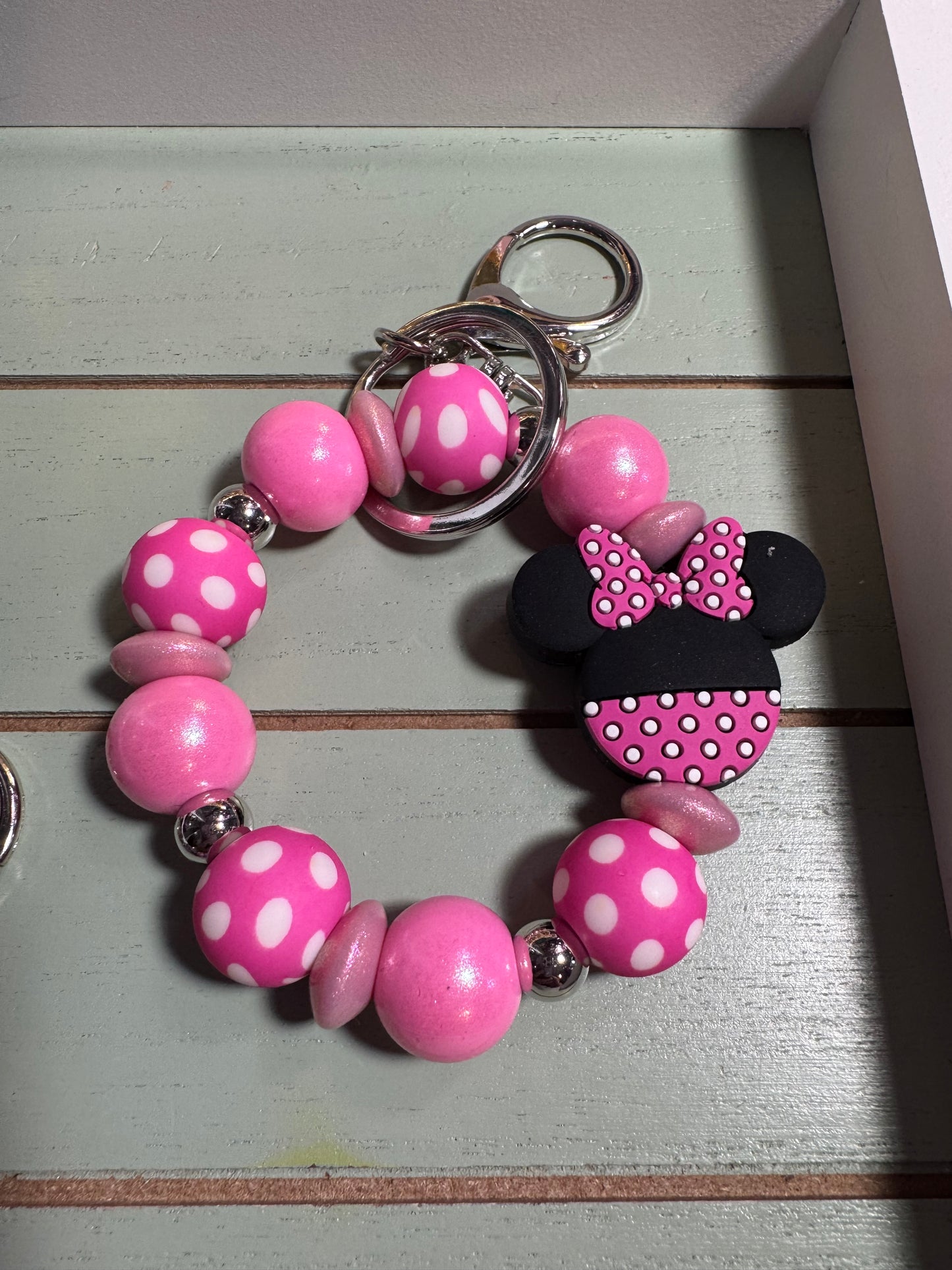 Beaded mini keychain, choice of design/girl mouse with bow/polka dot dangle keychain