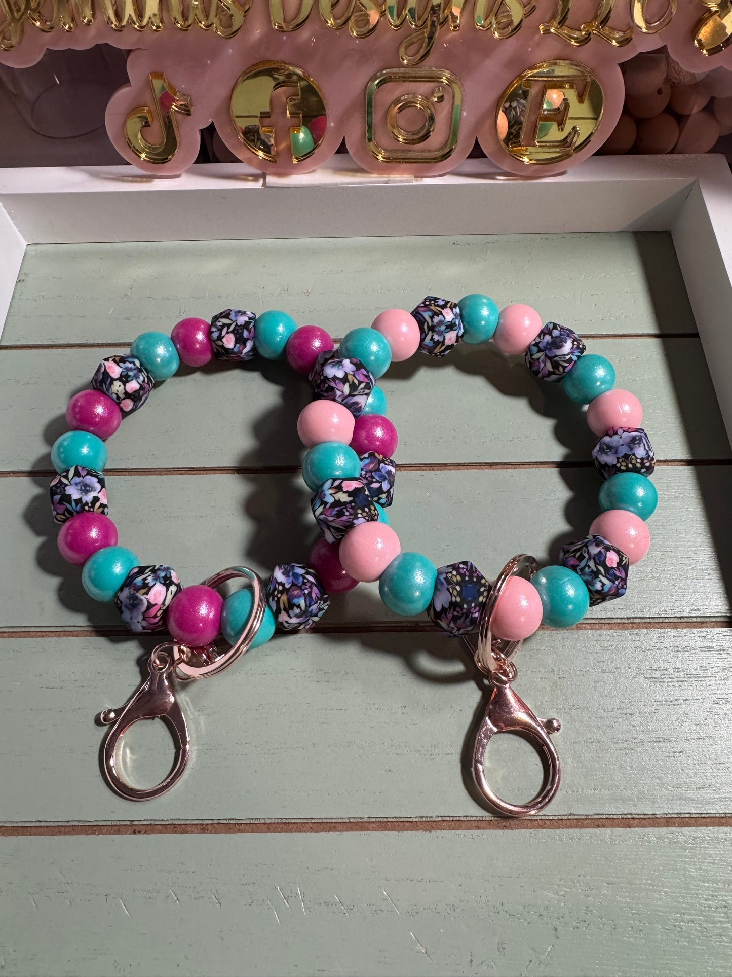 Floral beaded wristlet keychain /blues and pinks