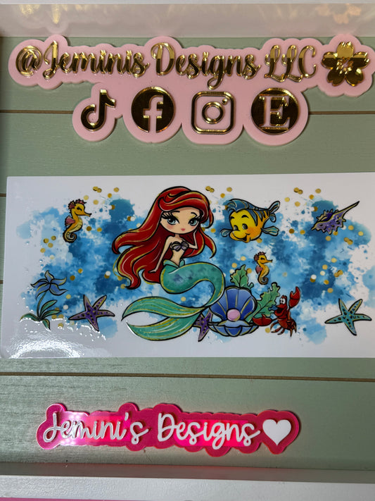 Mermaid cartoon Ready to apply|  mermaid & flounder fish  | uvdtf wrap | Permanent decal | No heat needed | Waterproof