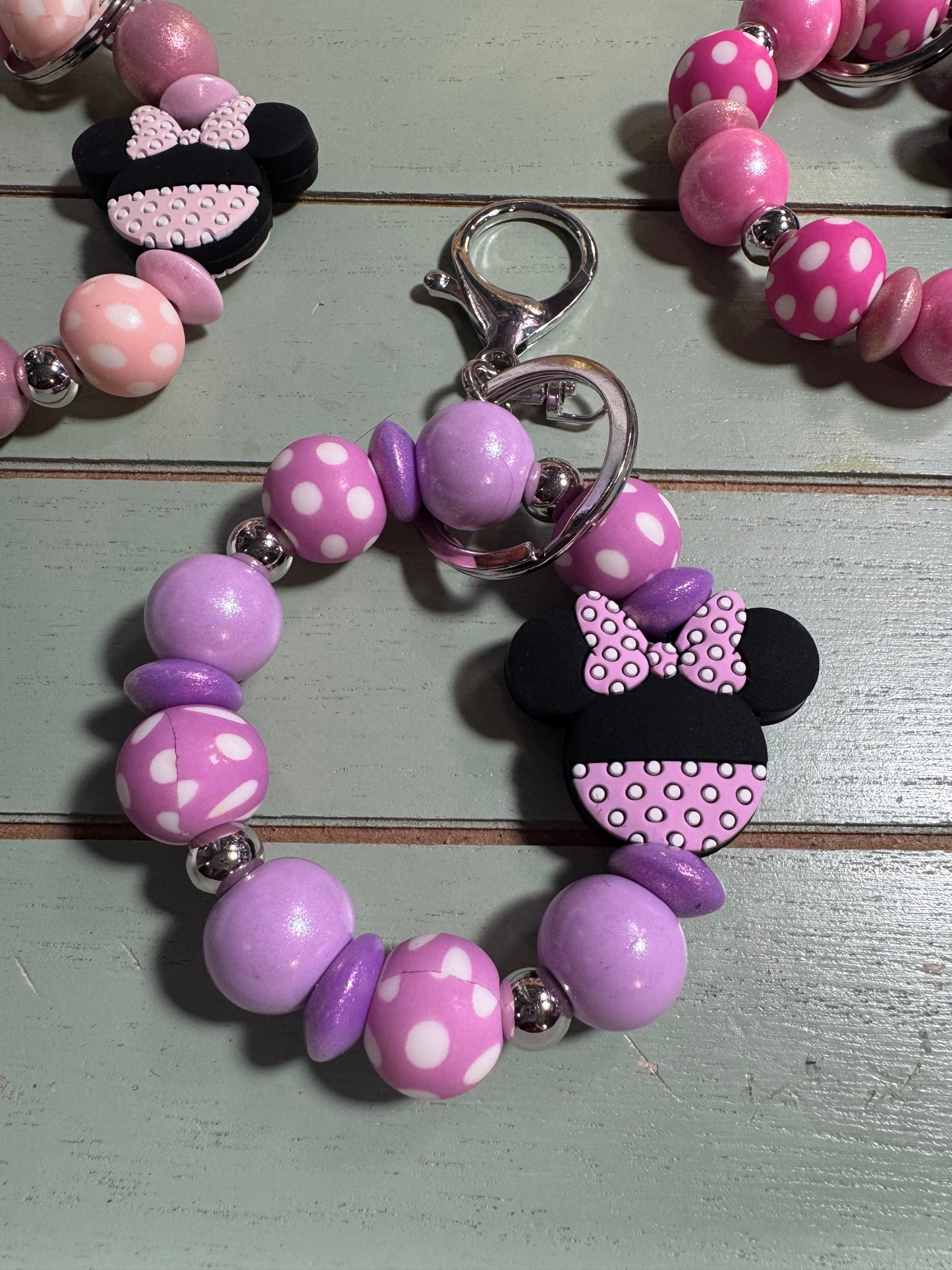 Beaded mini keychain, choice of design/girl mouse with bow/polka dot dangle keychain